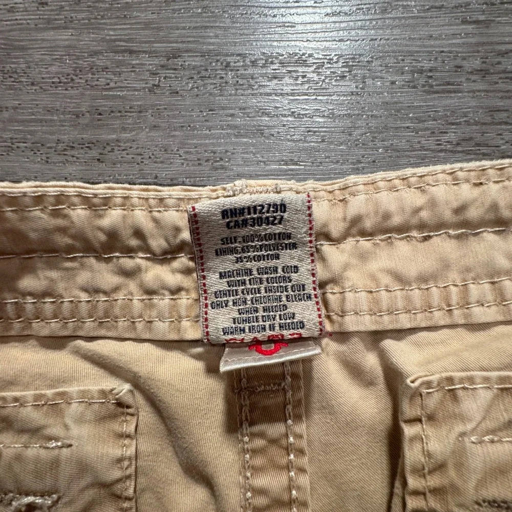 True Religion Cargo Shorts Mens 34 Cotton Big T Stitch Khaki Relaxed Y2K 36x12